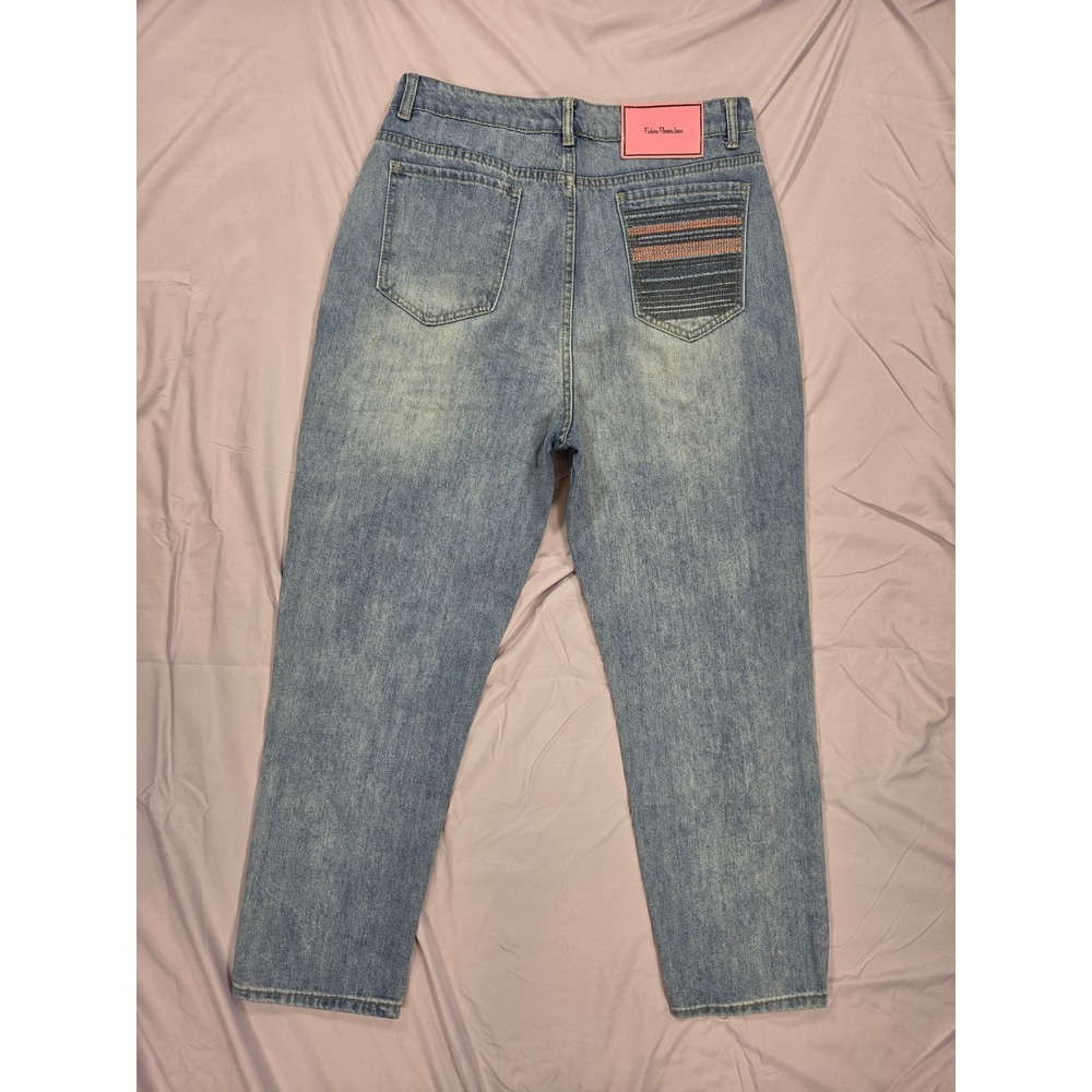 Barbie women Blue jeans with Pink embroidery Large Size 32 mom jean high rise